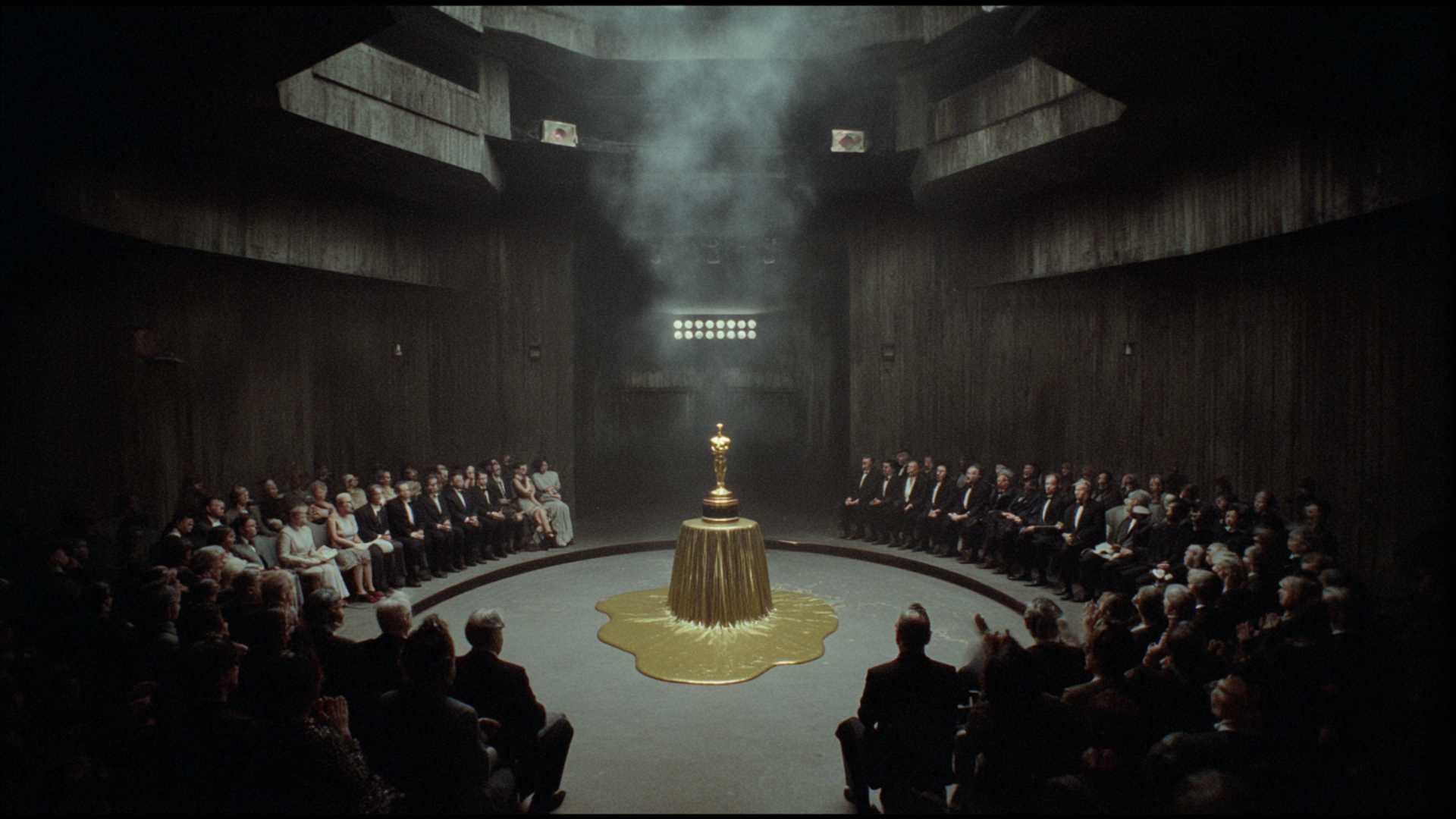 An audience sits around a golden trophy on a pedestal in a dark concrete chamber.