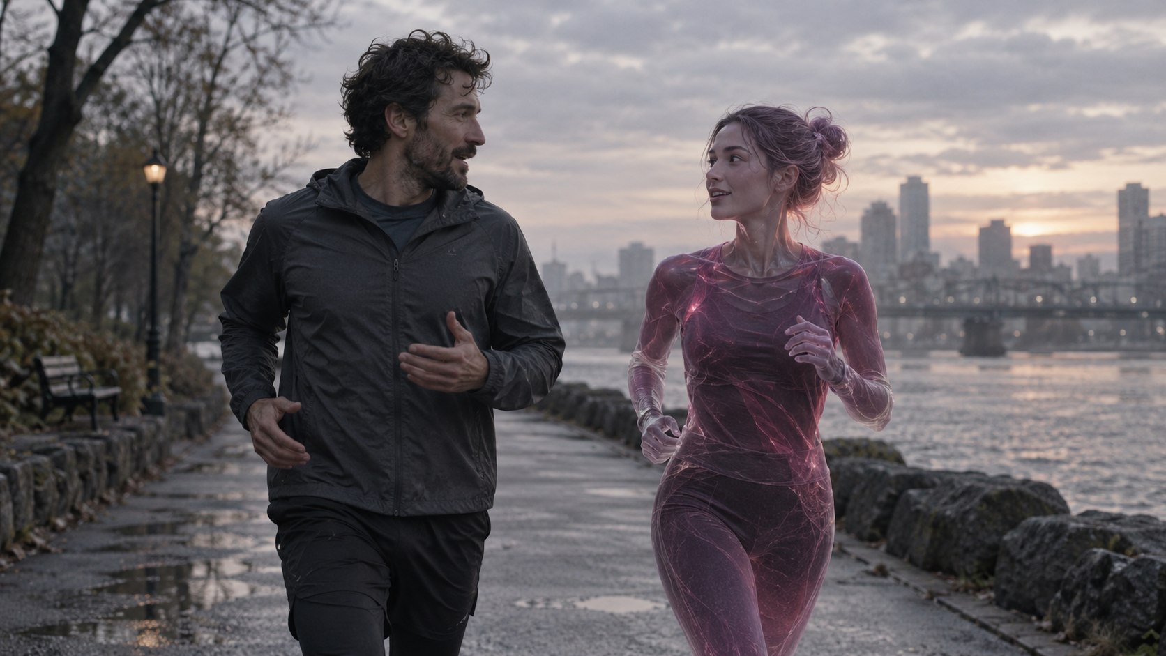 A runner and a life-size translucent avatar talk while running together beside a river at dawn.