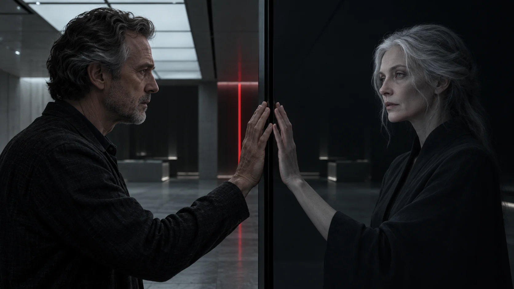 A grey-haired man in profile raises his hand towards a screen as a different, lifelike older woman mirrors the gesture from within it.