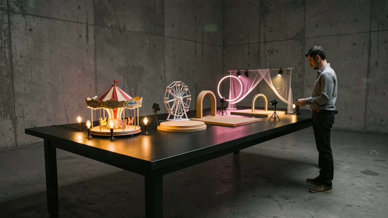 A creative looks over a miniature funfair and abstract event set on a table in a dark concrete studio.