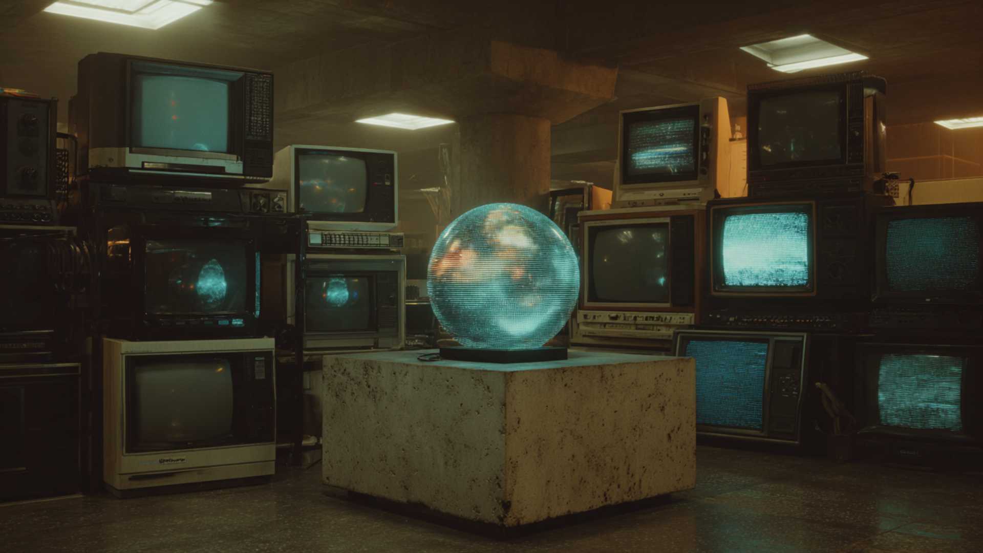 A glowing sphere sits among discarded computer monitors.