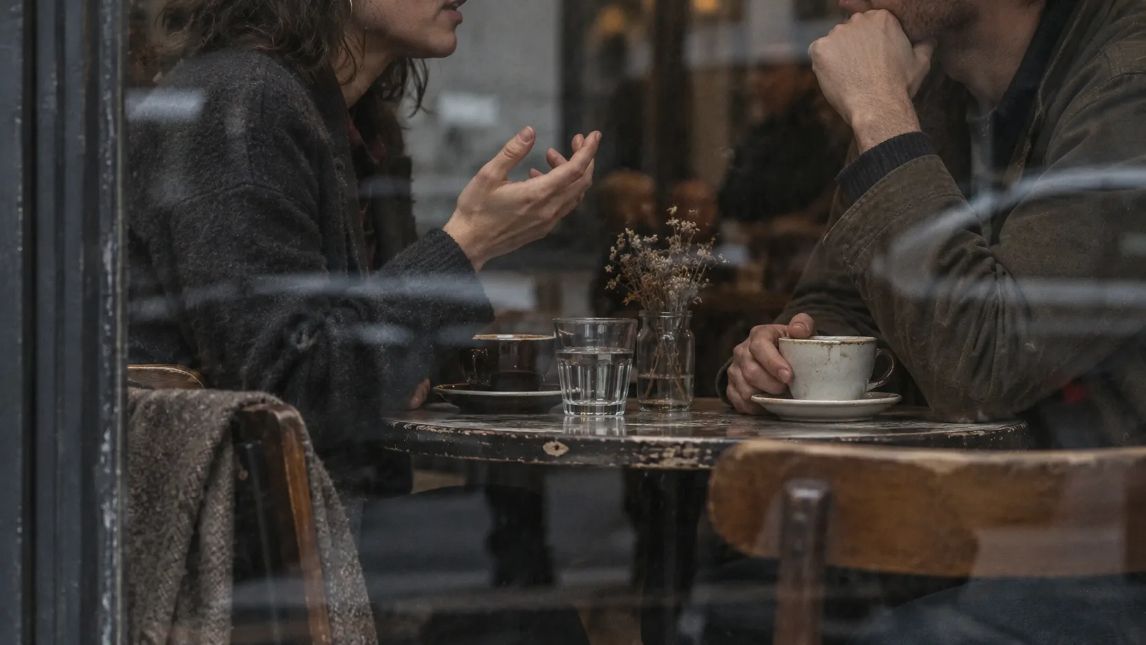 Two people pause mid-conversation across a café table, seen through a rain-marked window.
