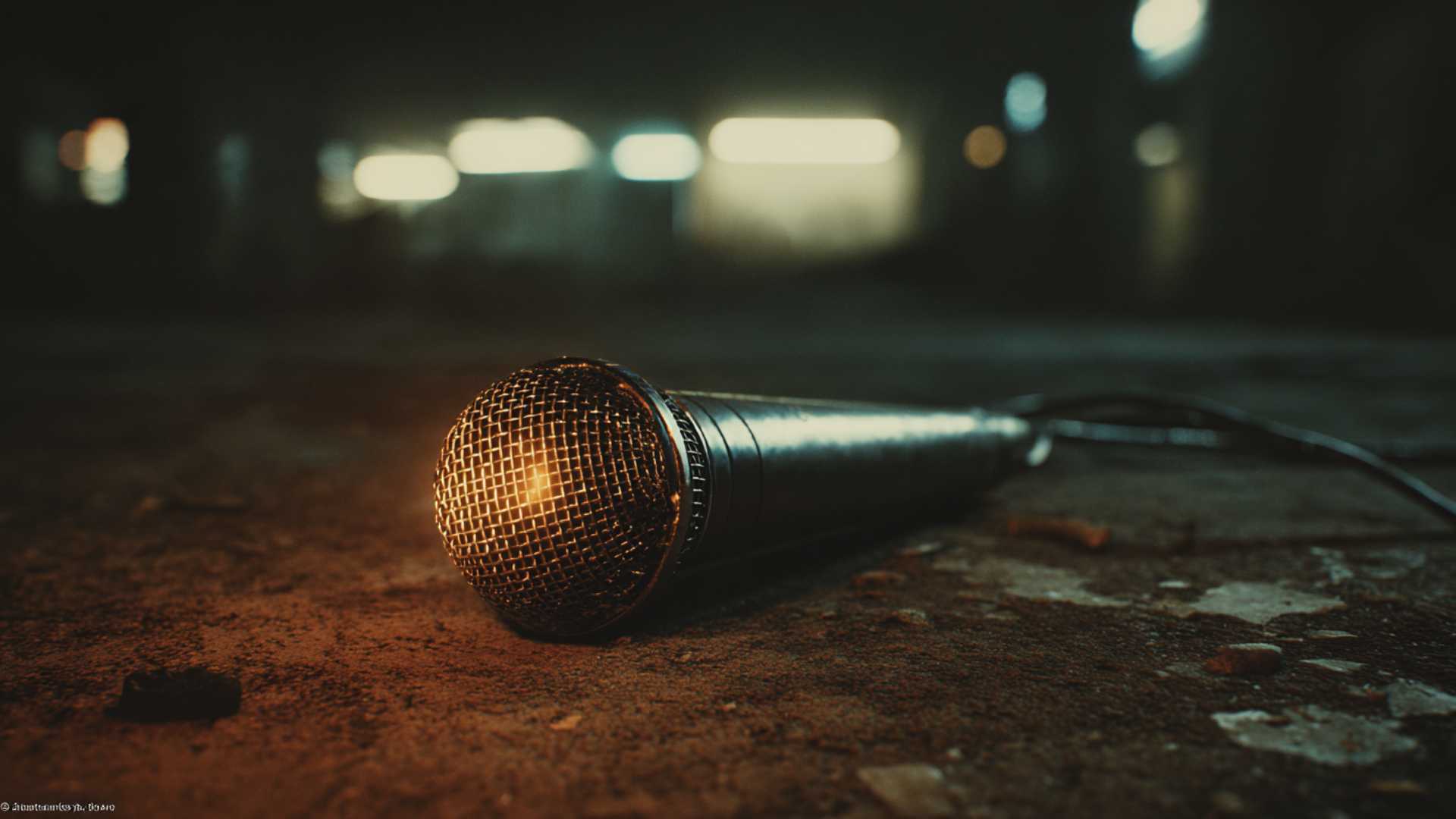 A microphone lies on a worn tabletop in a dim room, with blurred lights in the distance.
