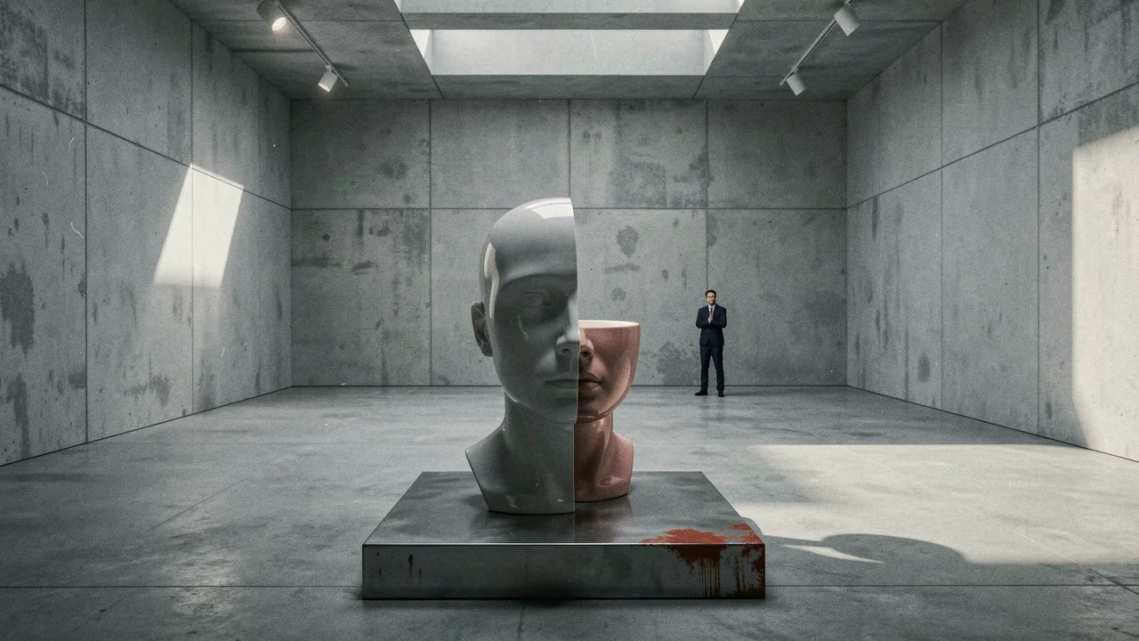 A split porcelain face sculpture on a plinth in a concrete gallery, watched by a distant figure.