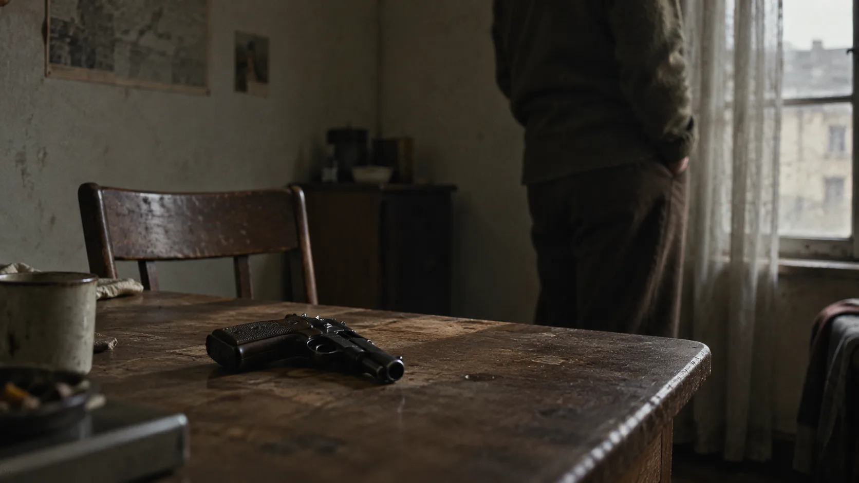 A handgun lies on a worn table beside an empty chair while a person stands at the window.
