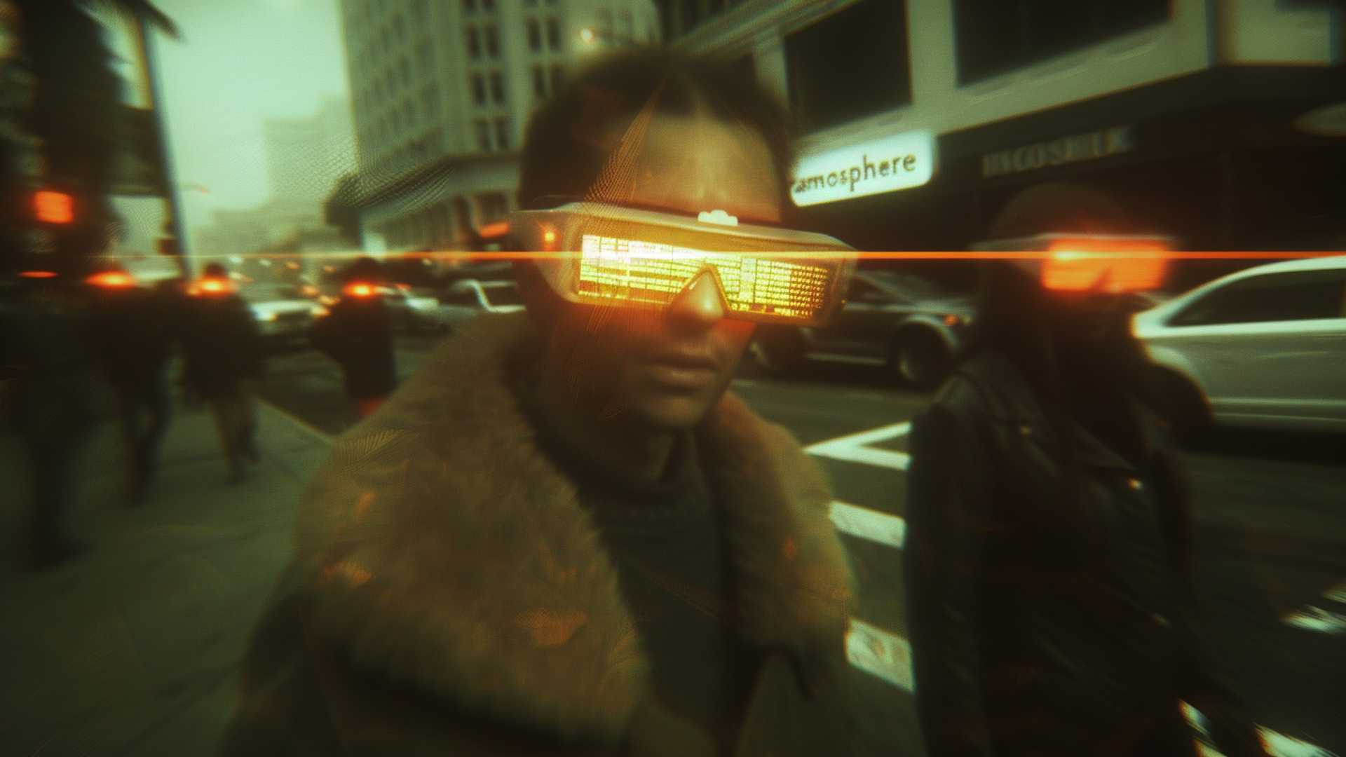 A person wearing illuminated glasses walks through a blurred city street at dusk.