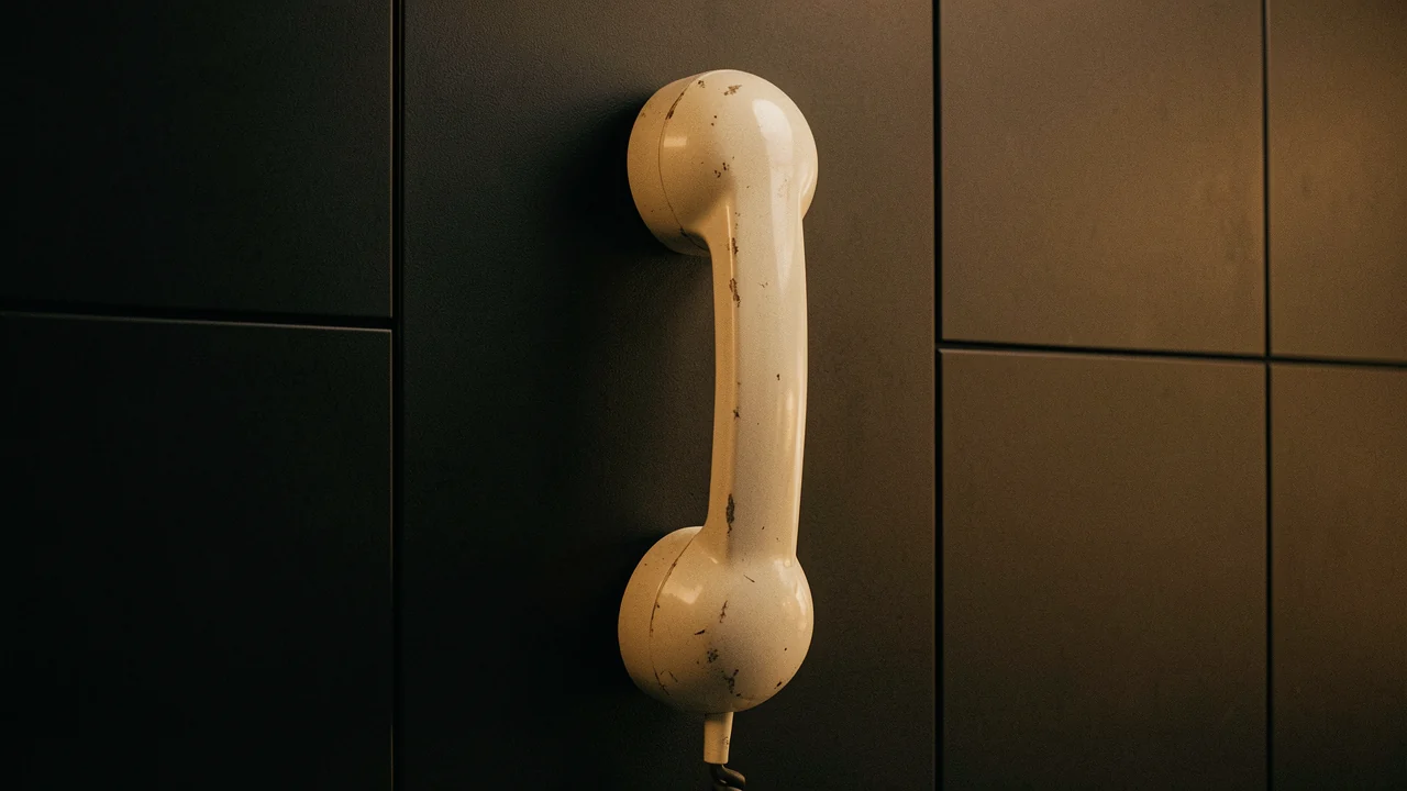 A close-up of an old cream telephone handset mounted on a dark geometric wall.