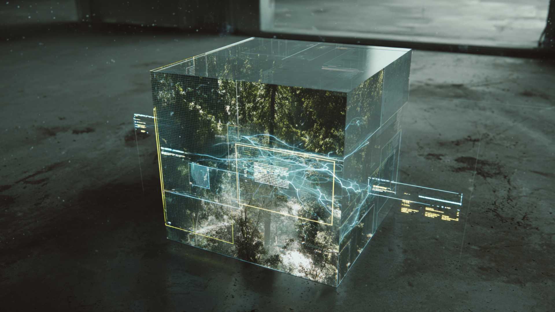 A transparent cube with a forest-like image and fine graphic lines stands on a concrete floor.