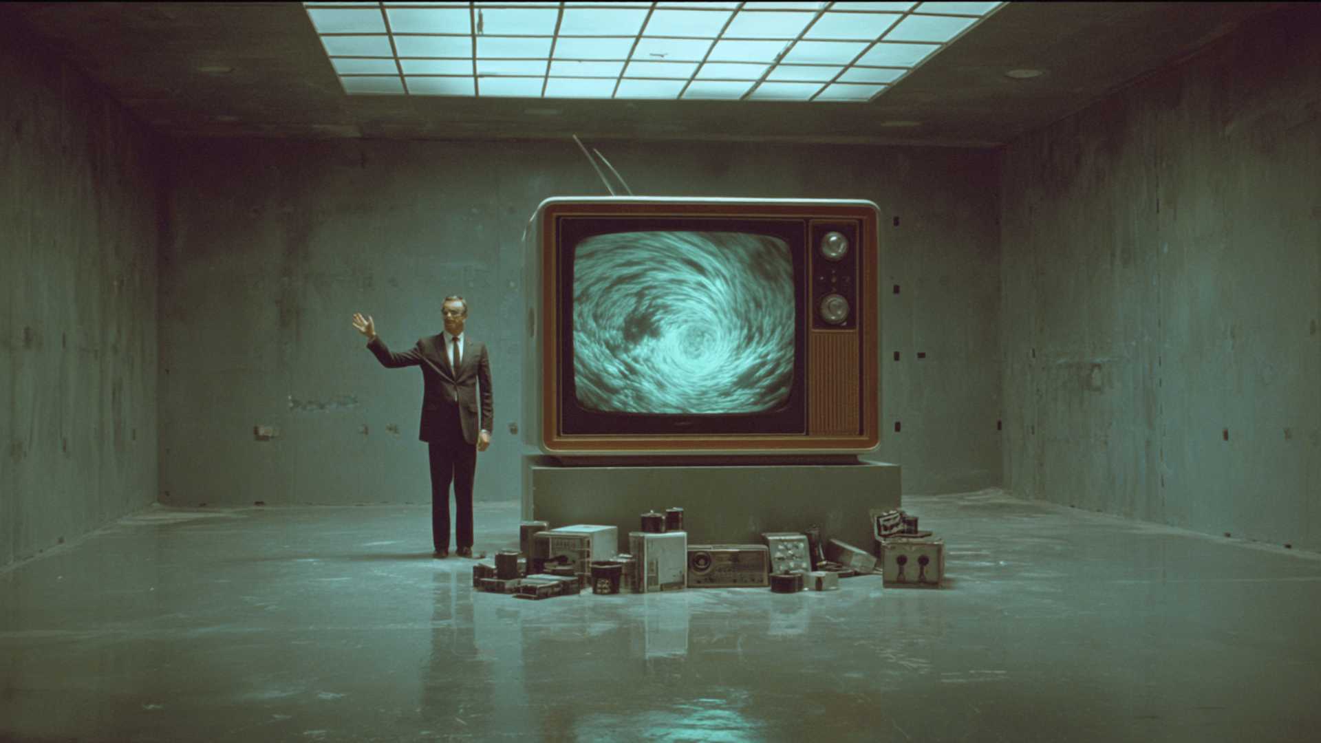 A suited man stands beside a vintage television showing a swirl of smoke.