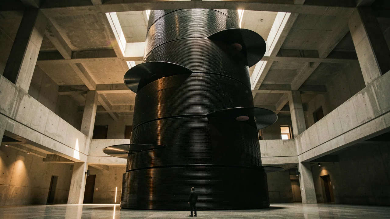 An immense tower of stacked black vinyl records rises through a concrete hall, with a lone figure at its base.