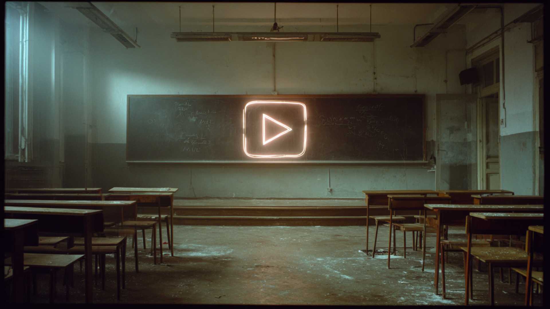 A glowing play symbol hangs in an empty university lecture hall.