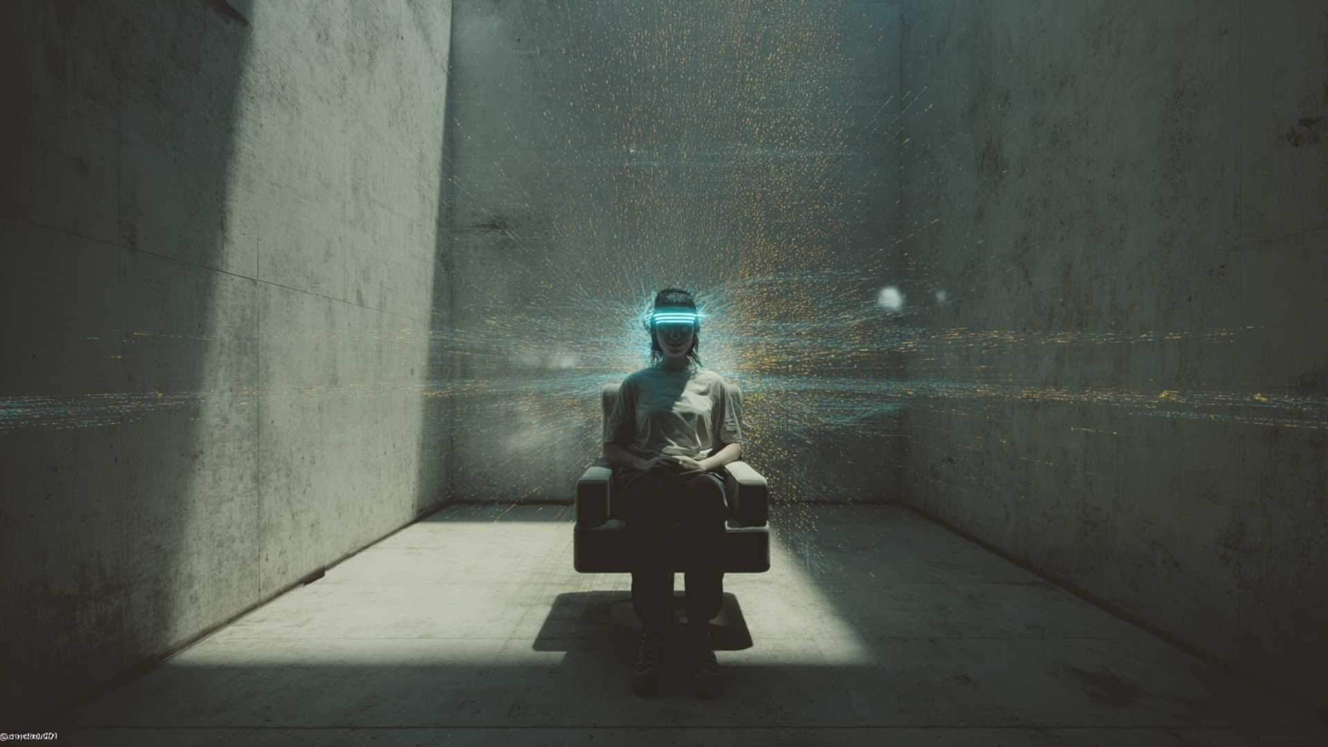 Person in a concrete room wearing a glowing cyan neural headband with floating golden data particles.