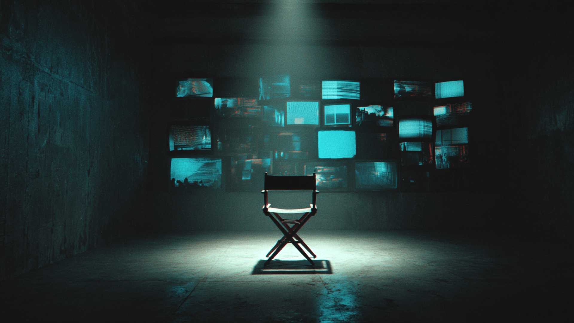 A cinematic, empty director's chair in a casting room surrounded by AI monitoring screens, symbolizing the new role of the AI Filmmaker.