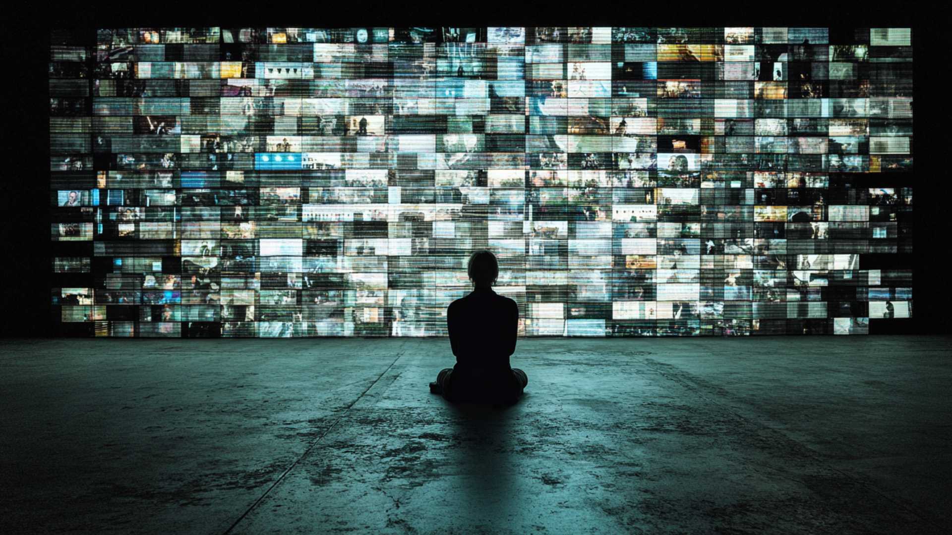 A lone viewer faces a wall of fragmented video images in a dark concrete room.