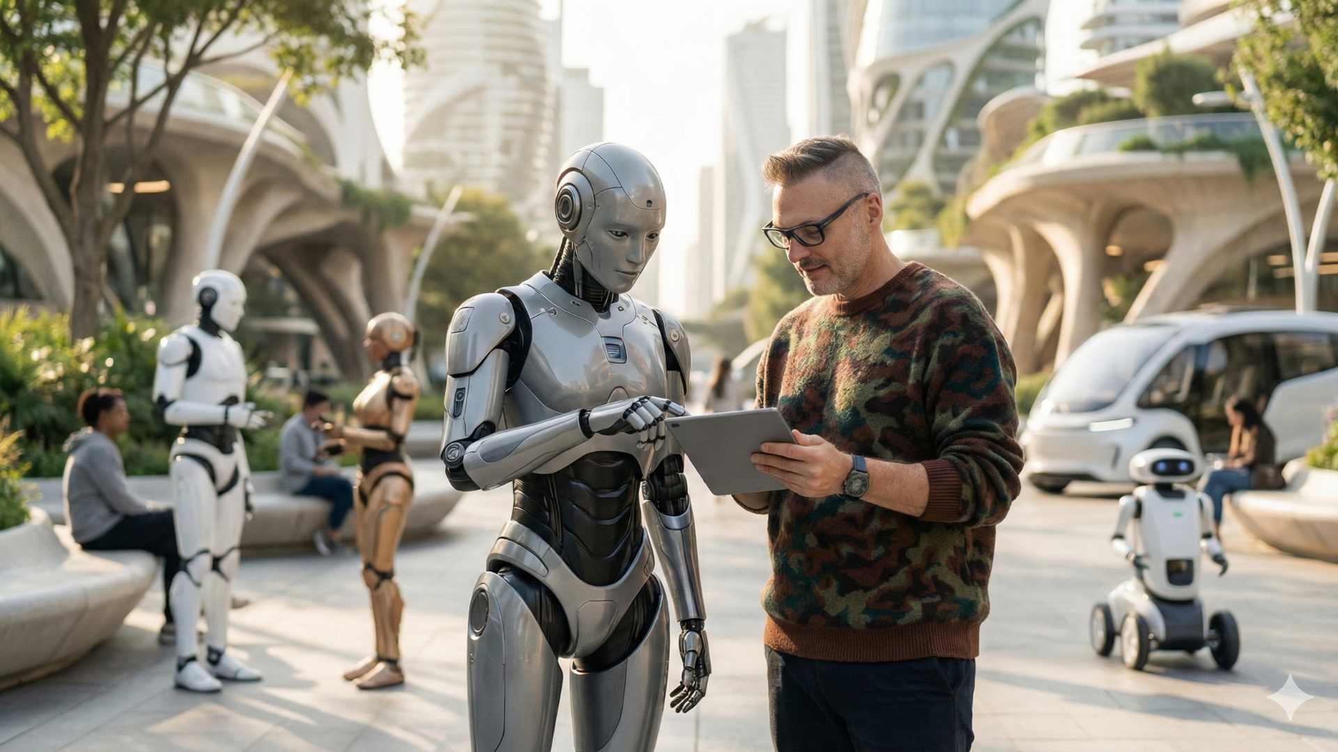 Colin Melville stands beside a humanoid robot in a futuristic city.