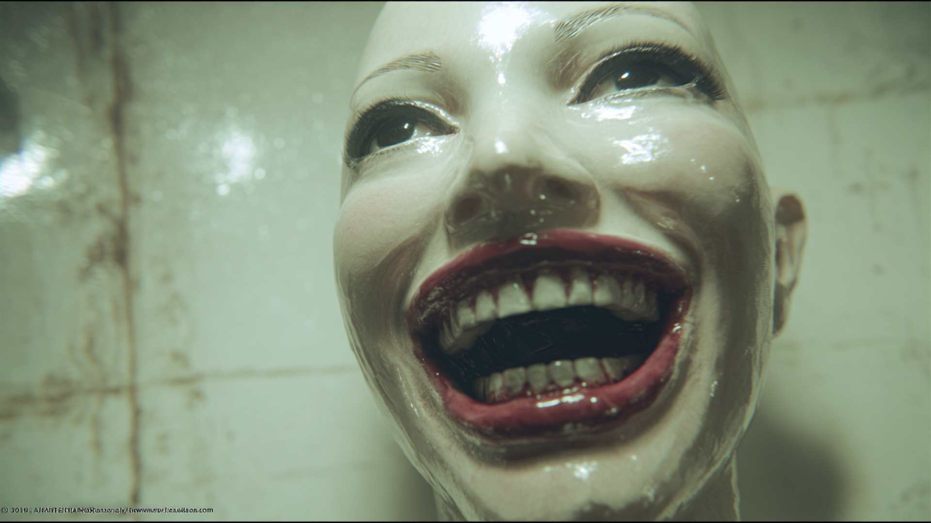 A close-up portrait of a synthetic AI human with a plasticized, flawless face and a fixed, unnerving smile staring into the camera.